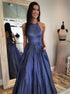 A Line Halter Navy Blue Satin Pleats Prom Dresses LBQ2296